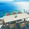 Τραπέζι κουζίνας με γυάλινη επιφάνεια επεκτεινόμενο, με ανοξείδωτα μεταλλικά πόδια.+ 4 Καρέκλες Amelia Fabric Γκρι